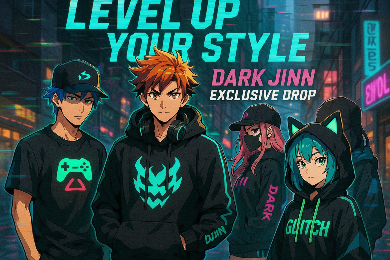A vibrant anime-inspired streetwear promotional image for DARK JINN with stylized characters, neon accents, and urban background